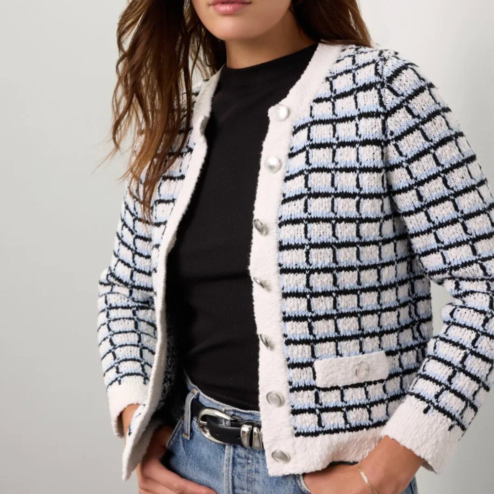 Veronica Beard Lavigne Check Knit Sweater Jacket in Blue & White Tweed Cardigan - Picture 4 of 9